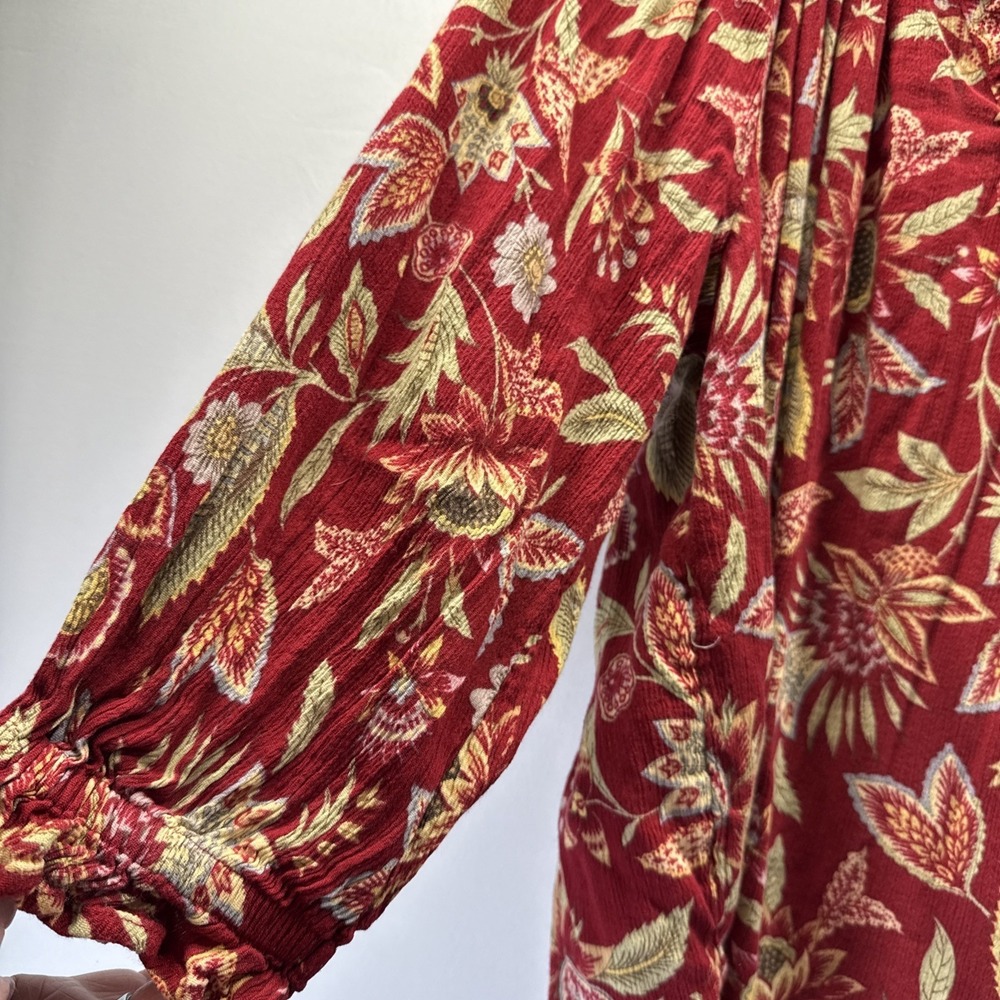 Chaps Women's Top Size 2X Plus Red Gold Floral Long‎ Sleeve Peasant V Neck Full - Picture 4 of 8